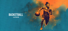 Realistic Silhouette Of A Basketball Player. Woman In Action Isolated On Orange Background. Generative Ai Illustration