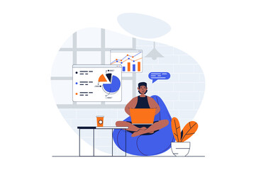 Fototapete - Freelance working web concept with character scene. Man making data report while sitting in chair at home. People situation in flat design. Illustration for social media marketing material.
