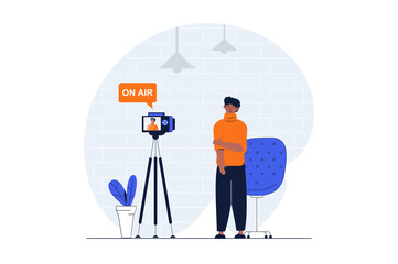 Aufkleber - Podcast streaming web concept with character scene. Man standing to camera and trying to recording in studio. People situation in flat design. Illustration for social media marketing material.