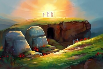 Divine Resurrection: An Inspiring Oil Painting of Easter Morning. AI Generated.