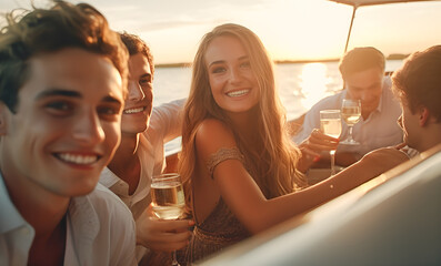 Group of young friends with wine glasses in hand smiling and having fun on a boat at sunset.