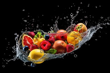  stock photo of water splash with various fruits fall isolated Food Photography