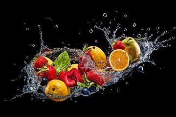  stock photo of water splash with various fruits fall isolated Food Photography
