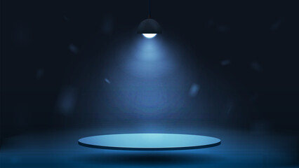 A realistic empty podium under a brightly glowing lamp. A floating platform on a dark blue background.