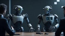 Two Robots With An Authoritative Attitude, Facing A Man In The Office Seen From Behind