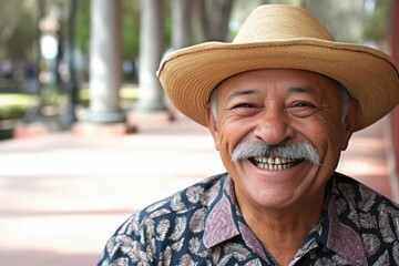 Wall Mural - Smiling hispanic senior man looking at the camera. Generative AI	