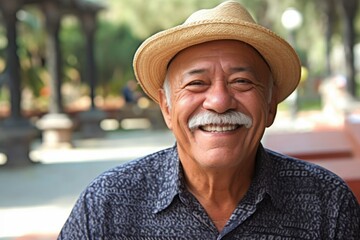 Smiling hispanic senior man looking at the camera. Generative AI	