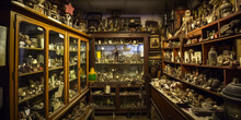 Captivating Depiction Of A Mysterious Horror Museum: Dimly-lit Room, Shelves With Formaldehyde Jars, Aged Books, Eerie Objects And Taxidermy Animals Ignite Emotions. Generative AI
