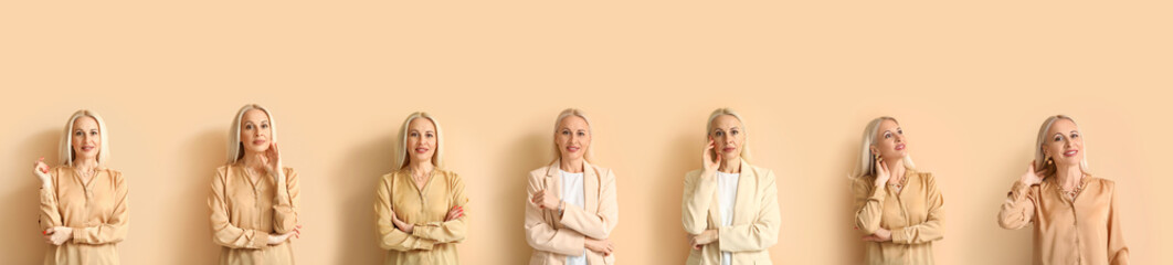 Poster - Set of stylish mature woman on beige background