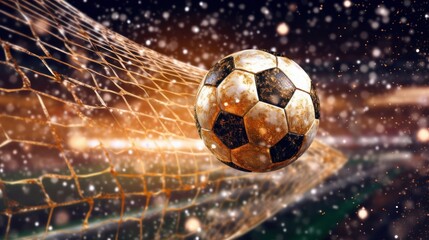 Soccer ball hitting the net with glitter effect and high speed. Generative AI.