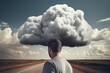 a guy is seen standing on the side of the road with a cloud hovering over his head. Generative AI
