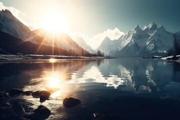 Wall Mural - A alpine lake is bathed in sunlight as the day begins. Generative AI