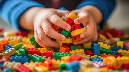 Close-up photograph of a little kid's hands as joyfully plays with a colorful set of building blocks.