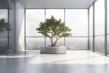 Wall Mural - A little tree in a gray pot, a white office lobby, and an office in the distance can all be seen via the panoramic glass. a mockup. Generative AI