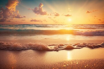 Wall Mural - Summery atmosphere imagine a sunset on a tropical beach with a hazy horizon. Beach sand with the magnificent ocean as a backdrop. Seascape as it appears in nature. Generative AI