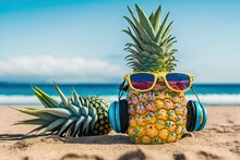 Summer Festival. A Pineapple Is Listening To Music And Wearing Sunglasses On A Beach With A Blue Sky Background. Tropical Design. Summertime Clothing With A Travel Vibe. Generative AI