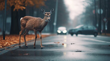 A Young Deer On A Wet Road In Front Of A Car In An Autumn Forest, Generated By AI 