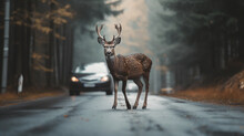 An Adult Deer On A Wet Road In Front Of A Car In An Autumn Forest, Generated By AI 