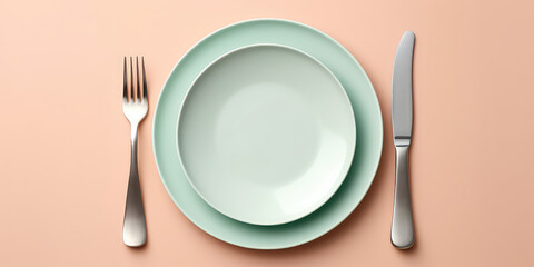 Top view of an empty green plate with cutlery isolated on flat pastel orange background. Mockup of an empty food plate, above, banner template, copy space. Generative AI professional photo imitation.