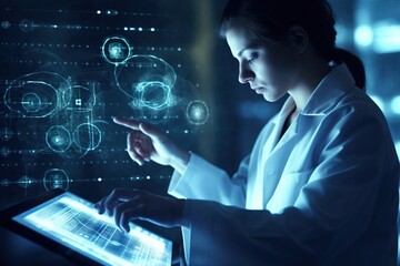 Medicine of the future. Healthcare technology and the networking concept. DNA. Digital health and networking on the hologram. Futuristic physician. Engineering and Medtech. Generative AI