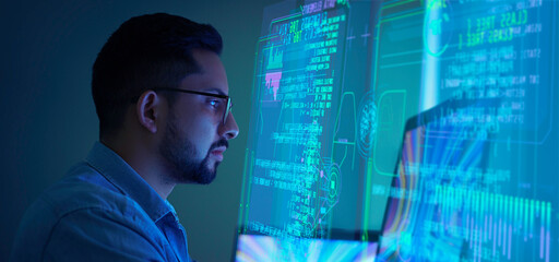 Cyber security network. Data protection concept. Man using VR with digital program on internet technology networking with cloud computing and data encryption, cybersecurity 