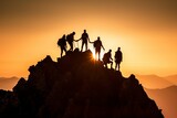 Fototapeta Góry - Silhouette of a group of climbers reaching the top, teamwork. Ai generated.