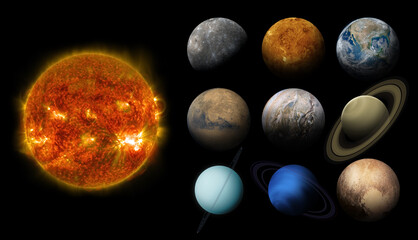 Wall Mural - solar system planets and sun isolated on black. elements of this image furnished by nasa.