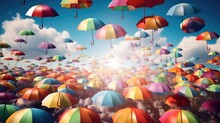 Beautiful Colorful Umbrellas Against A Deep Blue Sky. Design And Festive Street Decorations.Generative AI