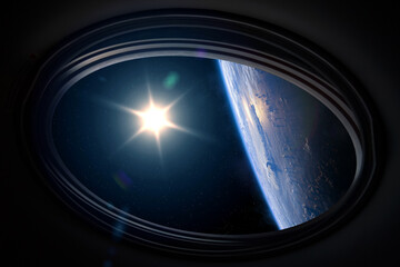 Sticker - earth planet in spaceship window porthole. spaceship flies near the amazing blue planet earth, view 
