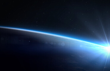 Wall Mural - earth, sun, star and galaxy. beautiful planet earth seen from space, aerial view. near space photogr