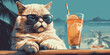Coole Katze mit Sonnenbrille und Cocktail am Strand unter Palmen - Generative AI