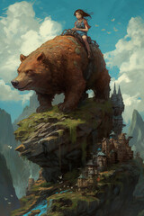 Wall Mural - girl riding up on the back of a giant bear Generative AI