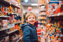Young Boy Buying Toys At The Toy Store. Generative AI