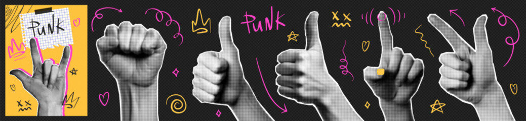 trendy punk halftone collage hands set. funky doodle elements. arrow, heart, crown. retro halftone t