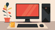 home office workspace concept, blank screen desktop computer on desk with CPU, keyboard, mouse, cup, large mouse pad, and plant, vector flat illustration