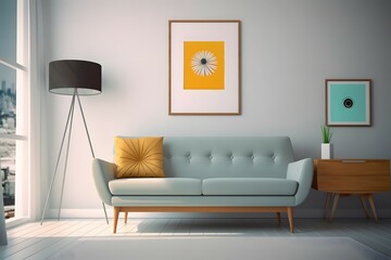 minimal design appartment, a wall with a picture frame, modern living-room, colourful furniture, per