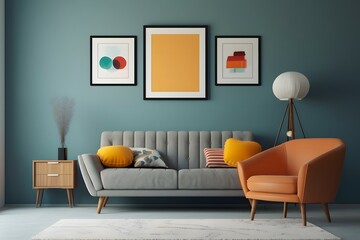minimal design appartment, a wall with 2 or 3 picture frames, modern living-room, colourful furnitur