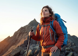 mountain explorer. beautiful, happy young woman wearing a backpack, winter jacket, and trekking pole