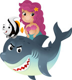 Fototapeta Pokój dzieciecy - cartoon scene with mermaid princess and shark swimming together having fun with coral reef fishes isolated illustration for kids
