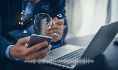 Business man conversation assistant on smartphone screen app interface with sound wave, artificial intelligence technology global iot providing virtual, customer support and information.