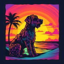 A Irish Terrier Dog In Front Of The Sunset, Vaporwave Style, Neon Style, Smooth Lines, Vector Sticker Art, Vector Core, Intricate Details, Black T-shirt Design, 8k