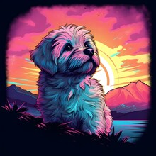 A Coton De Tulear Dog In Front Of The Sunset, Vaporwave Style, Neon Style, Smooth Lines, Vector Sticker Art, Vector Core, Intricate Details, Black T-shirt Design, 8k