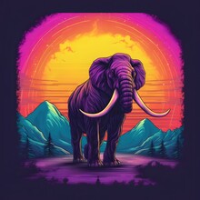 A Mammoth In Front Of The Sunset, Vaporwave Style, Neon Style, Smooth Lines, Vector Sticker Art, Vector Core, Intricate Details, Black T-shirt Design, 8k