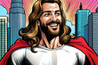Laughing Jesus Christ superhero in the modern city.