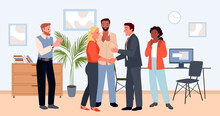 Handshake With Respect Of Business Leader And Happy Person Vector Illustration. Cartoon Team Of Greeting Colleagues Applauding To Young Woman, Praise Success Scene At Corporate Office Workplace