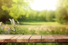 Wood Table Top On Nature Green Bokeh Abstract Background