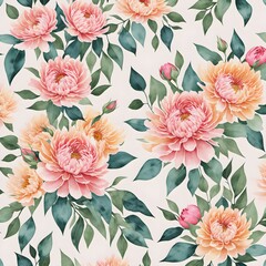  Delicate floral watercolor pattern, floral pattern for textile and background, watercolor peony flowers and green leaves, soft colors, boho style on a beige background, floristic vintage.Generative AI