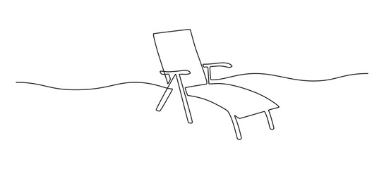 Wall Mural - One continuous line drawing of beach lounge chair. Concept of summer vacation and travel in paradise island and sea in simple linear style. Editable stroke. Doodle vector illustration