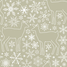 Seamless Pattern With Silhouettes Of Deer And Snowflakes. Simple Outline Vector Illustration.