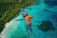 A Majestic Bird Soars Above The Crystal Clear Waters And Sandy Shores Of A Beach, Showcasing The Natural Beauty Of This Tropical Paradise In This Captivating Stock Photo, AI Generative.